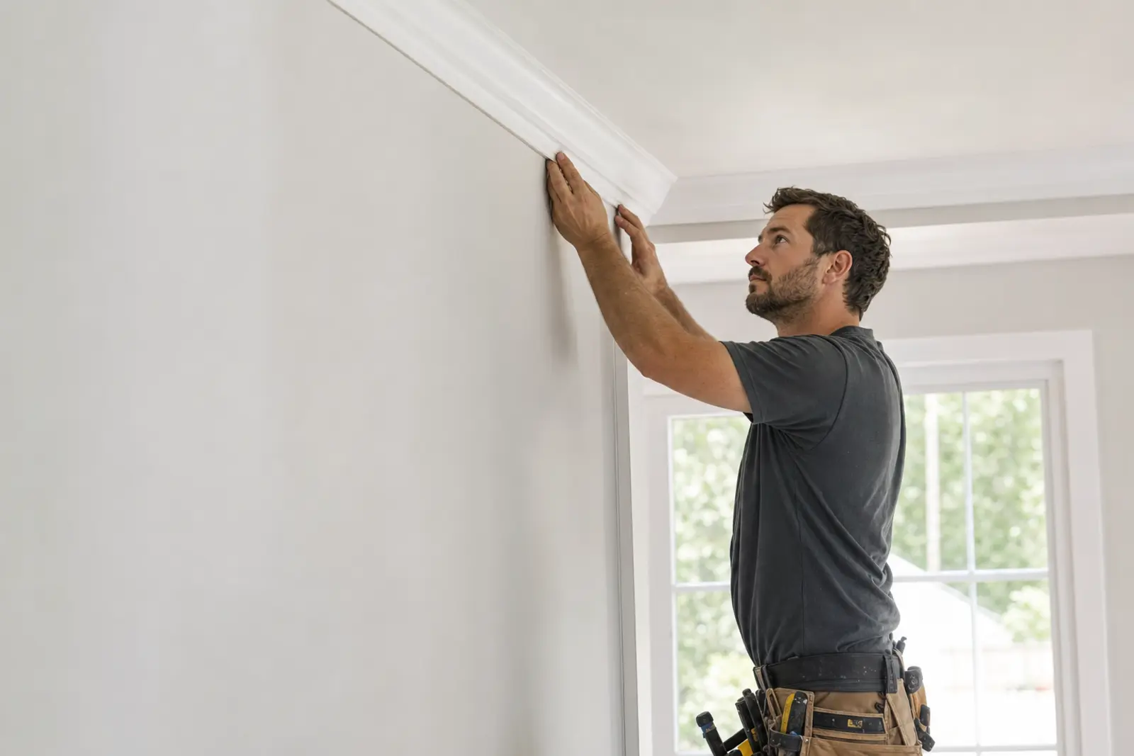 Finishing contractor painting and trimming a bright home interior